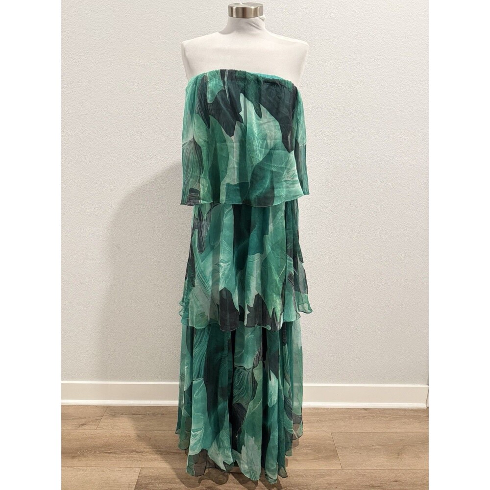 Petal & Pup Bloom Green Leaf-Print Strapless Chiffon Tiered Maxi Dress